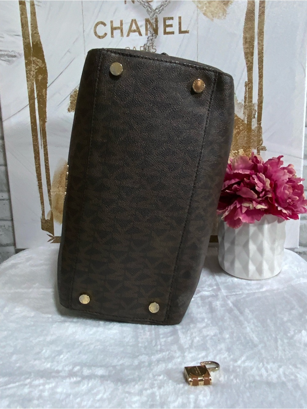 Michael Kors Dark Brown Monogram Satchel with Tan Handles - Picture 8 of 14